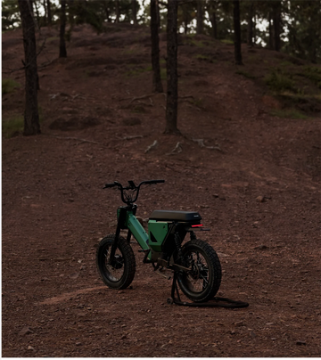 Green PawkyMo electric bike parked on dirt trail in forest with trees in background