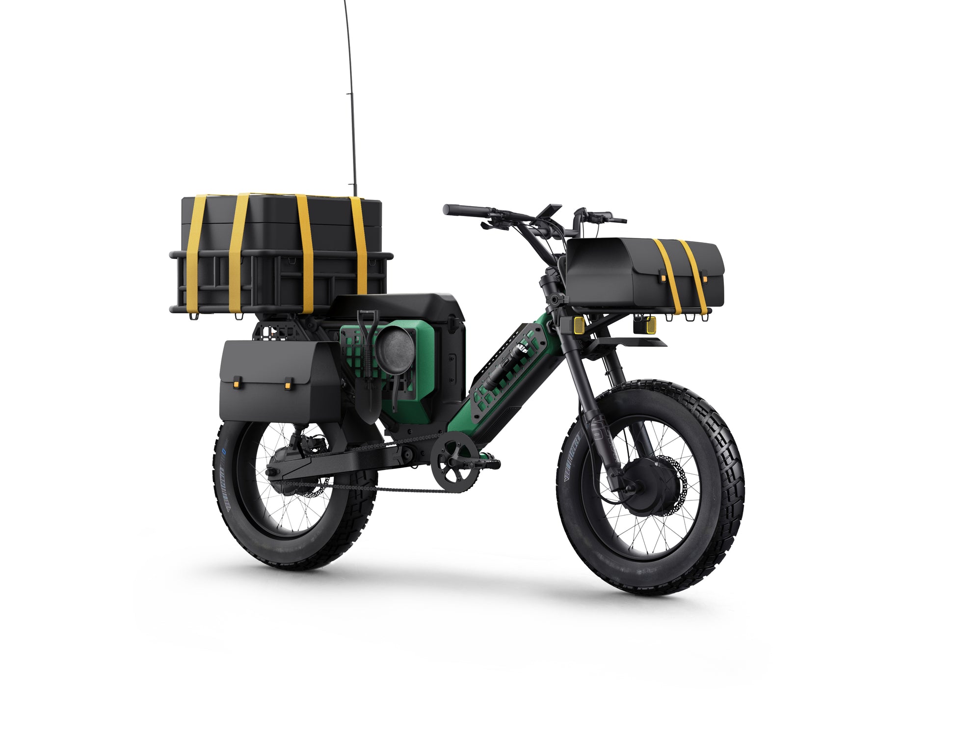 Pawkymo electric bike with black cargo boxes on both sides, ideal for camping and outdoor adventures, offering ample storage for gear and supplies.