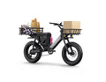 Pawkymo electric bike carrying groceries in rear storage boxes, ideal for daily commuting and family errands in the city.