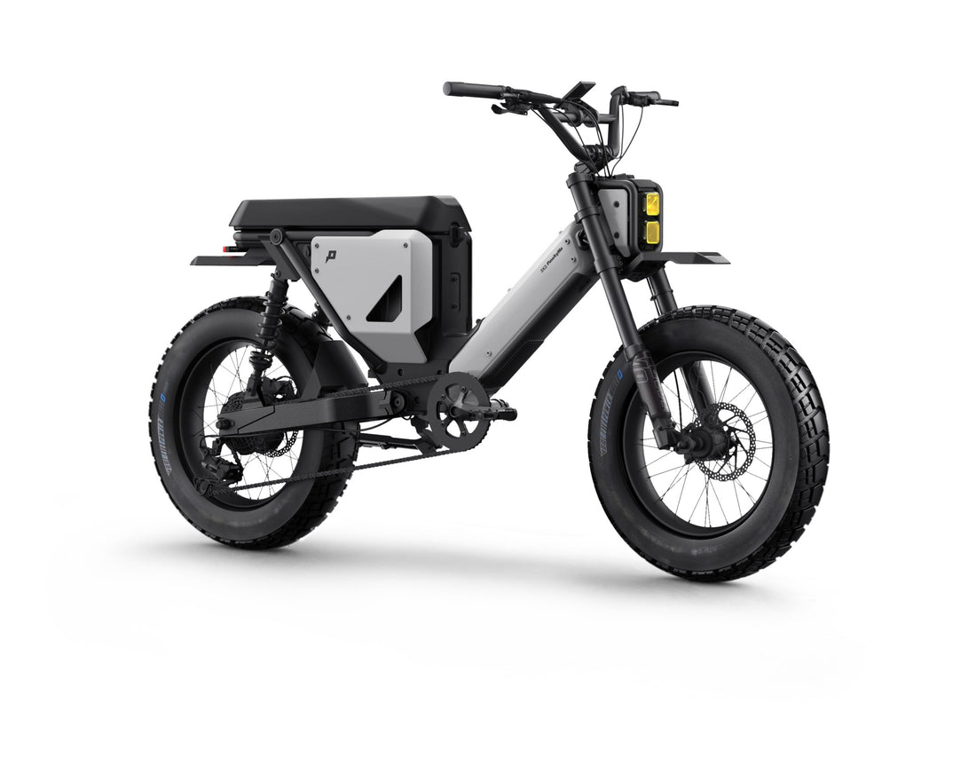 Pawkymo AR50 2X2 electric bike in grey and white side view, showcasing dual‑motor frame design.