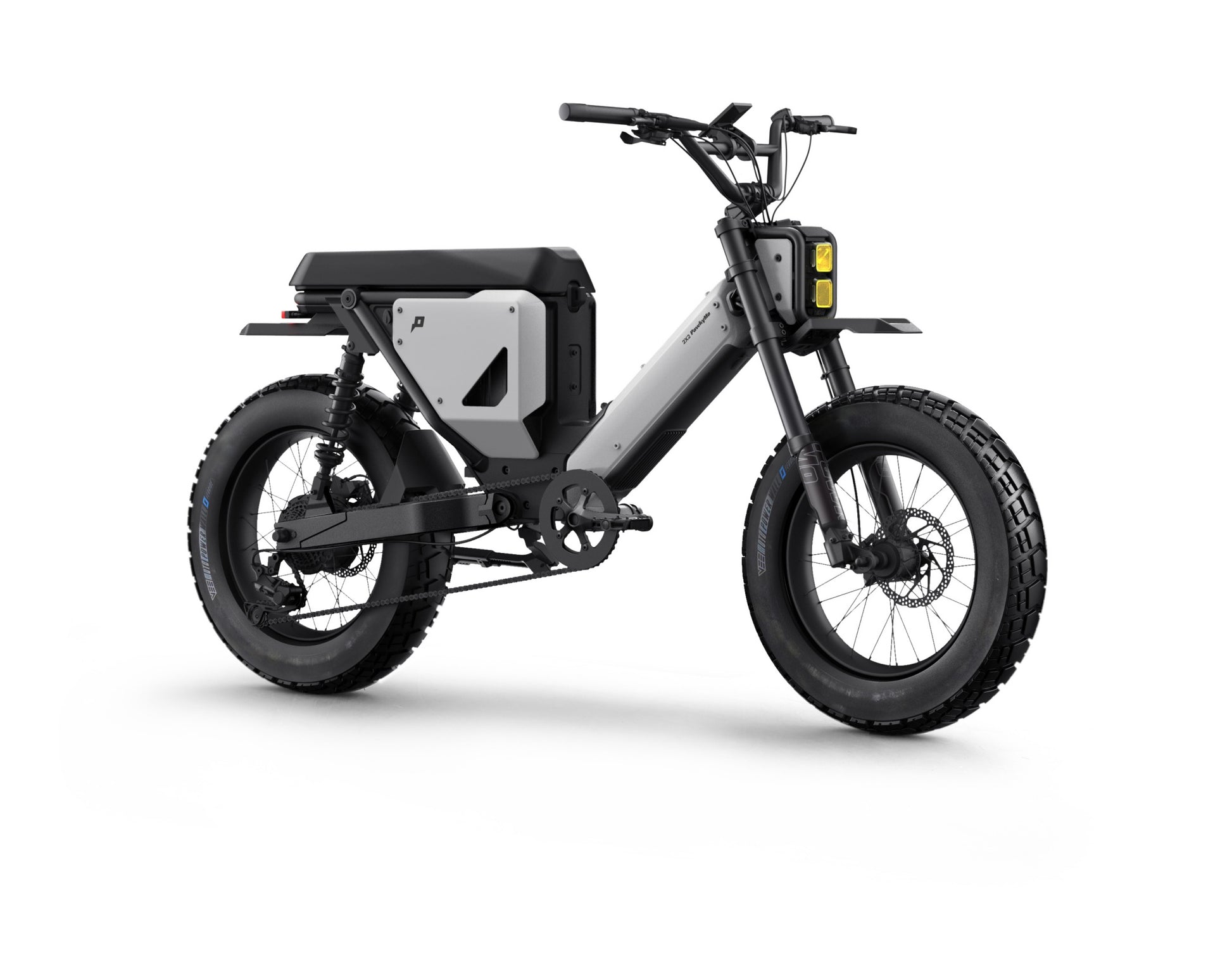 Pawkymo AR50 2X2 electric bike in grey and white side view, showcasing dual‑motor frame design.