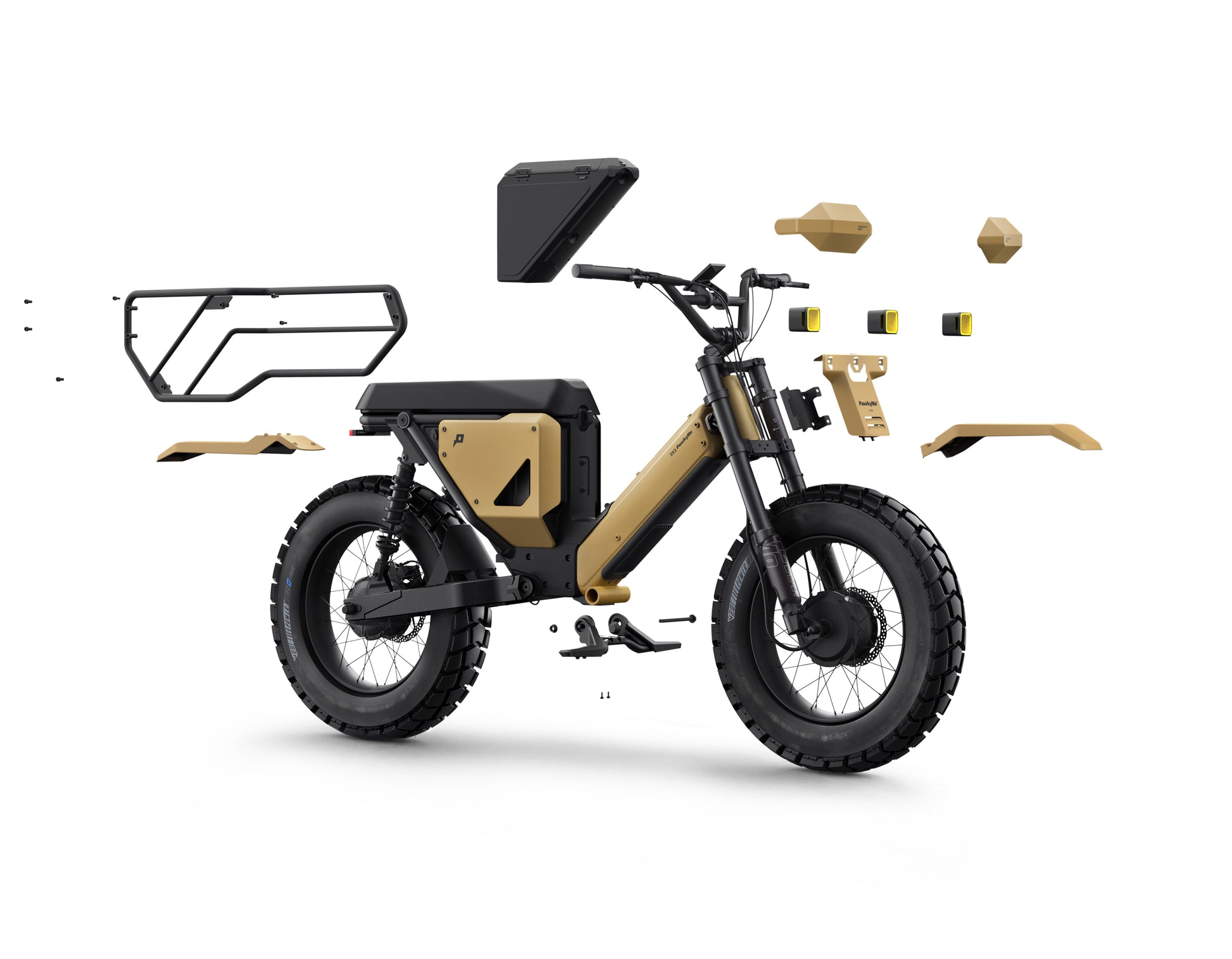 Exploded view of the beige Pawkymo Traverse Kit, illustrating modular structure and customizable parts for flexible city mobility.