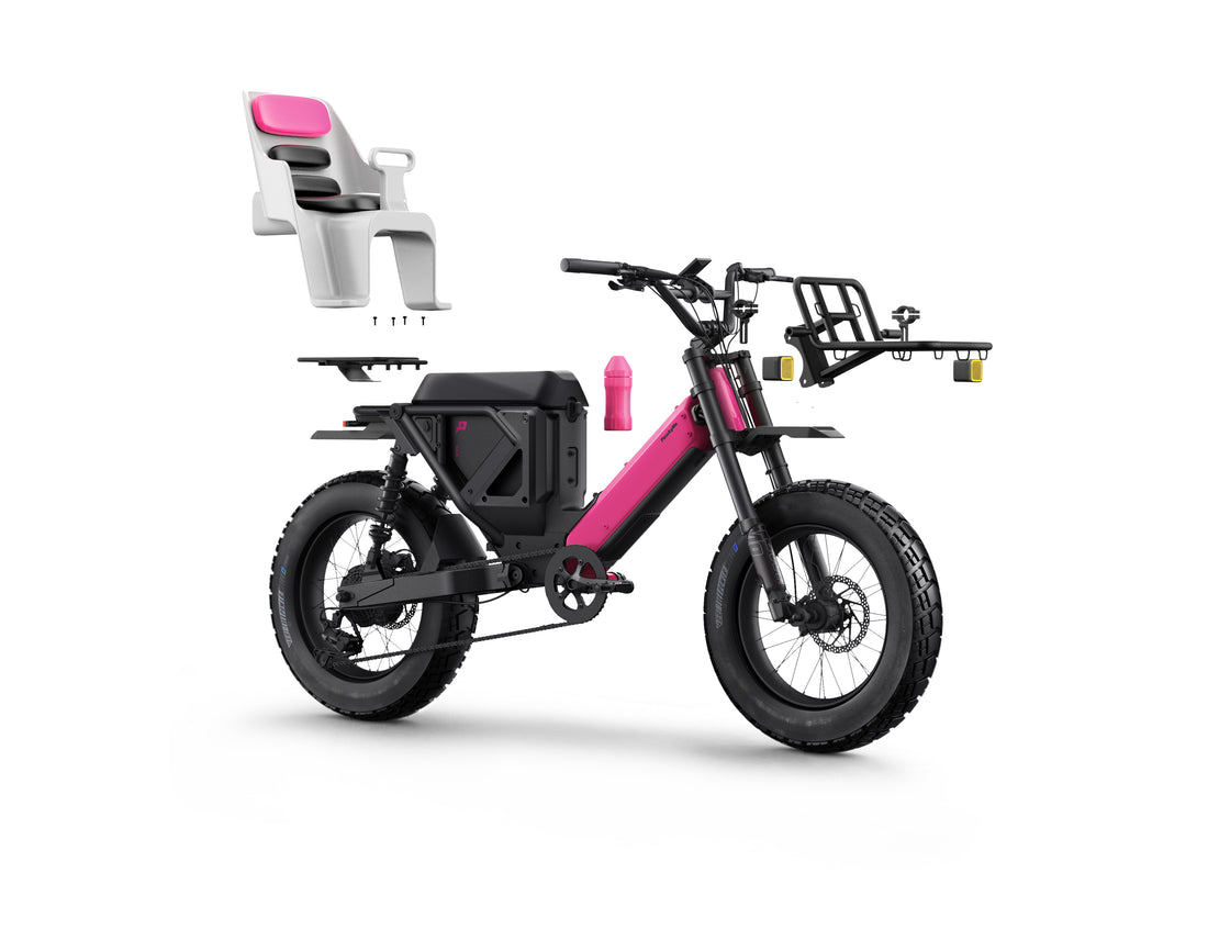 Pawkymo electric bike with child seat installed, designed for safe and convenient family commuting around the city.