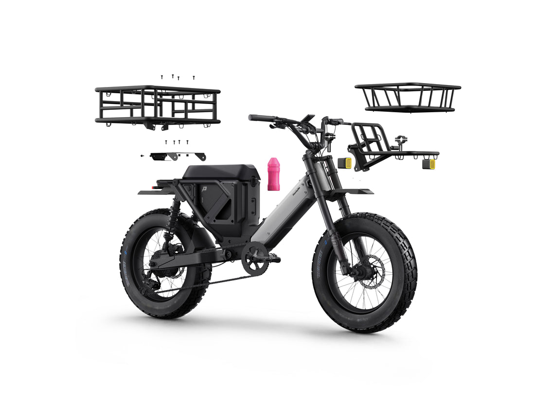 Pawkymo electric bike carrying groceries in rear storage boxes, ideal for daily commuting and family errands in the city.