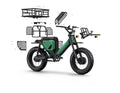 Side view of the Pawkymo electric bike with green detachable racks, designed for flexible cargo handling during camping trips and off-road explorations.