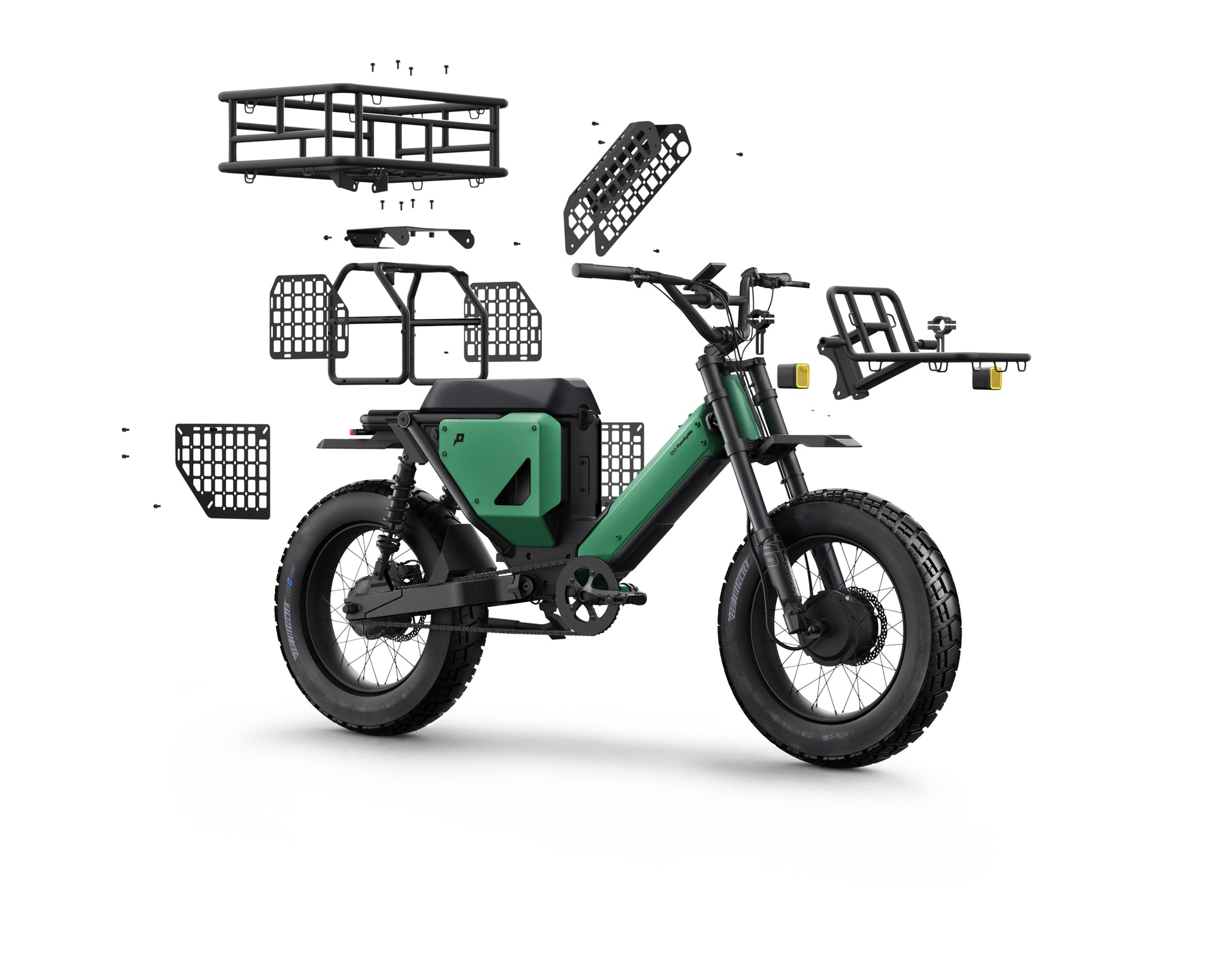 Side view of the Pawkymo electric bike with green detachable racks, designed for flexible cargo handling during camping trips and off-road explorations.