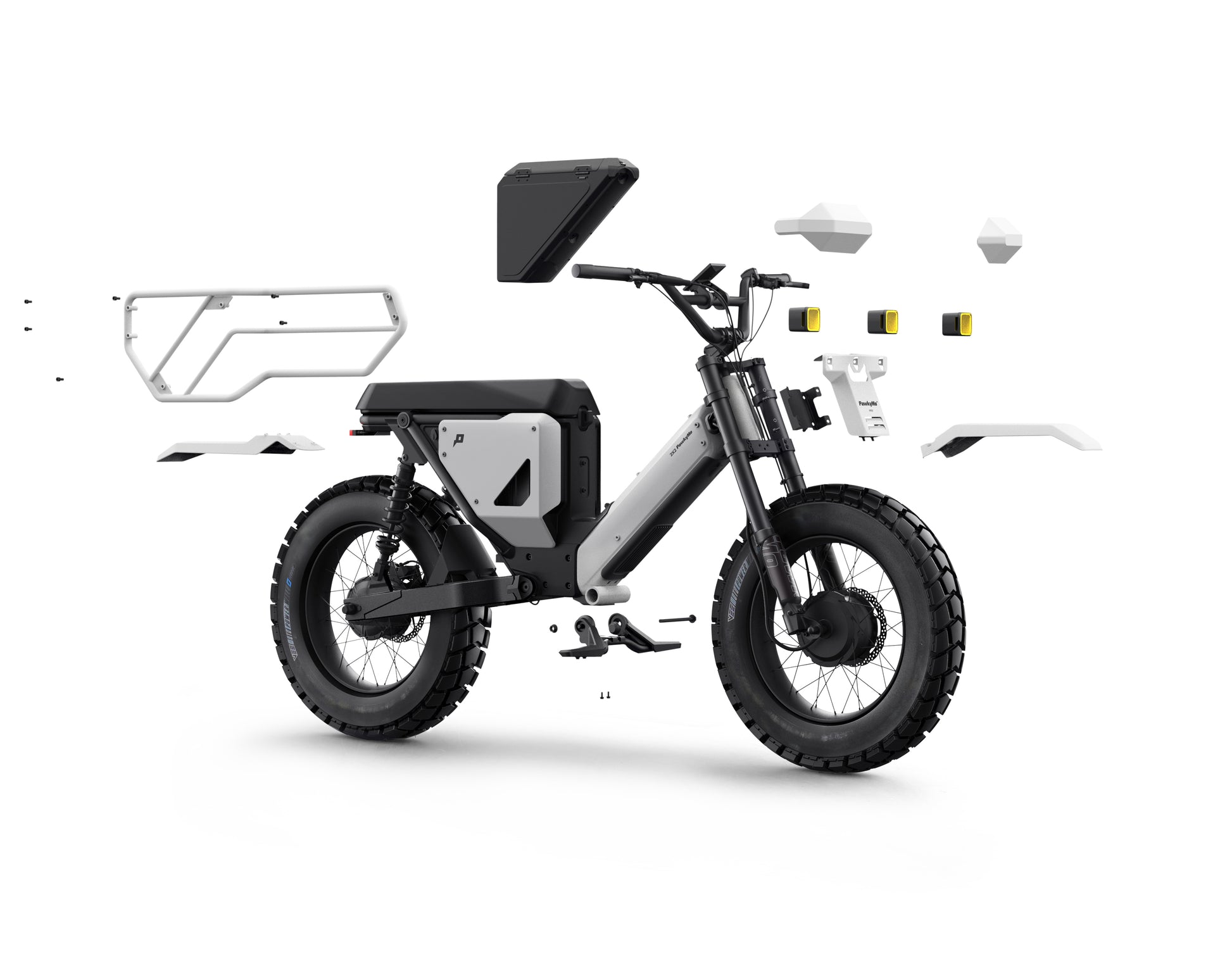 Exploded view of the Pawkymo Traverse Kit in white, displaying modular frame components, battery housing, and accessory mounts.
